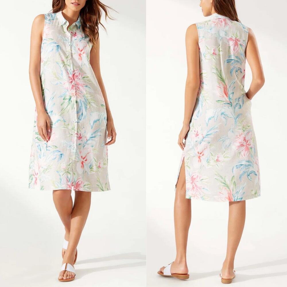 Tommy Bahama | Maya Meadows Floral 100% Linen Sleeveless Button Down Shirt Dress
